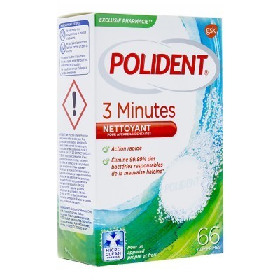 Polident 3 minutes nettoyant appareils dentaires 66 comprimés Action rapide