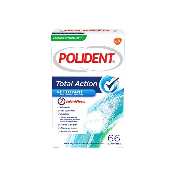 POLIDENT NETTOYANT TOTAL ACTION – BOITE DE 66 COMPRIMÉS EFFERVESCENTS