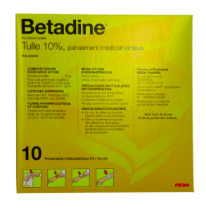 BETADINE TULLE 10% Pansement médicamenteux Bte 10