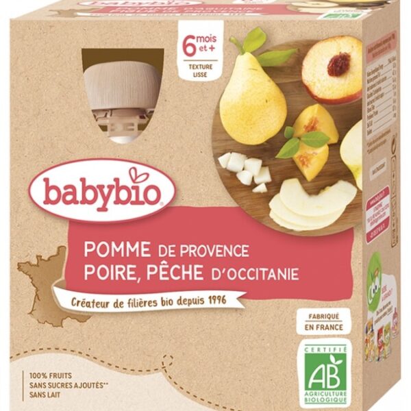 Babybio Pomme Poire Pêche 6 Mois et + Bio 4 Gourdes de 90 g