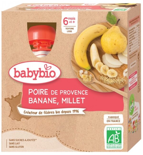 Babybio Poire Banane Millet 6 Mois et + Bio 4 Gourdes de 90 g Babybio Poire Banane Millet 6 Mois et + Bio 4 Gourdes de 90 g