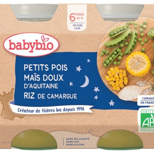 Babybio Bonne Nuit Petits Pois Maïs Doux Riz 6 Mois et + Bio 2 Pots de 200 g