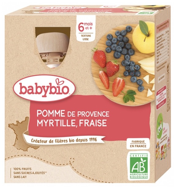Babybio Pomme Myrtille Fraise 6 Mois et + Bio 4 Gourdes de 90 g Babybio Pomme Myrtille Fraise 6 Mois et + Bio 4 Gourdes de 90 g
