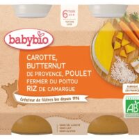 Babybio Carotte Butternut de Provence, Poulet Fermier du Poitou Riz de Camargue 6 Mois et + Bio 2 Pots de 200 g