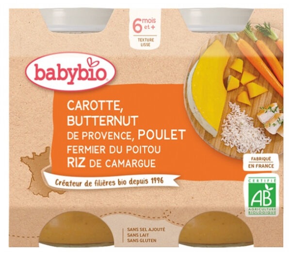 Babybio Carotte Butternut de Provence, Poulet Fermier du Poitou Riz de Camargue 6 Mois et + Bio 2 Pots de 200 g