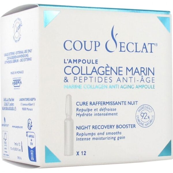 Coup d'Éclat 12 Ampoules Collagène Marin & Peptides Anti-Âge - Cure Raffermissante pour Peaux Matures