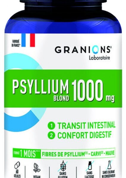 Granions Psyllium Blond 1000 mg 60 Gélules - Transit Intestinal et Confort Digestif