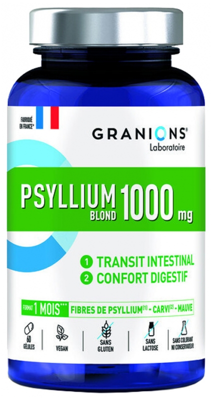 Granions Psyllium Blond 1000 mg 60 Gélules - Transit Intestinal et Confort Digestif