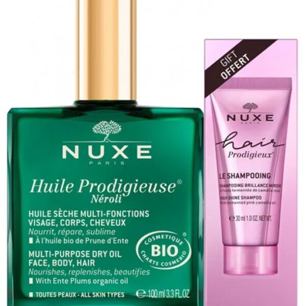 Nuxe Huile Prodigieuse Néroli Bio 100 ml + Hair Prodigieux Le Shampoing Brillance Miroir 30 ml Offert
