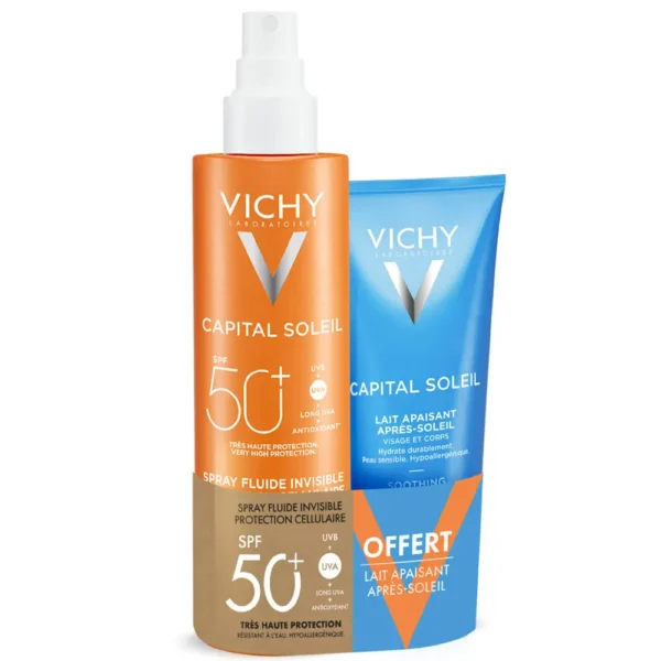 Vichy Capital Soleil Spray fluide invisible protection cellulaire SPF50+ 200ml + lait apaisant après-soleil 100ml