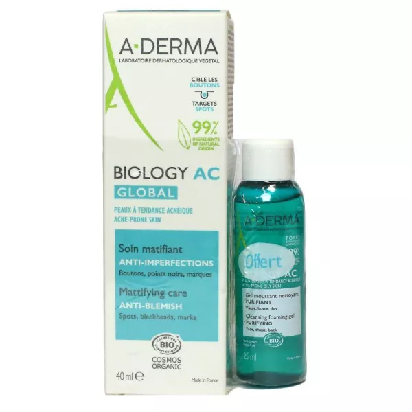 A-Derma Biology AC Global Soin Matifiant 40ml + Gel Moussant Nettoyant Offert