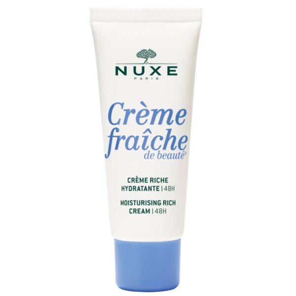a white and blue tube with blue textNuxe Crème Fraîche de Beauté Riche Hydratante 48h 30ml