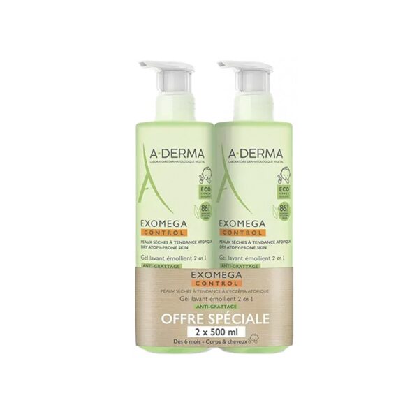 A-Derma Exomega Control Gel Lavant Émollient 2x500ml