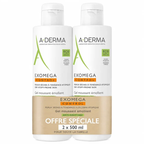 A-Derma Exomega Control Gel moussant - 2x500ml